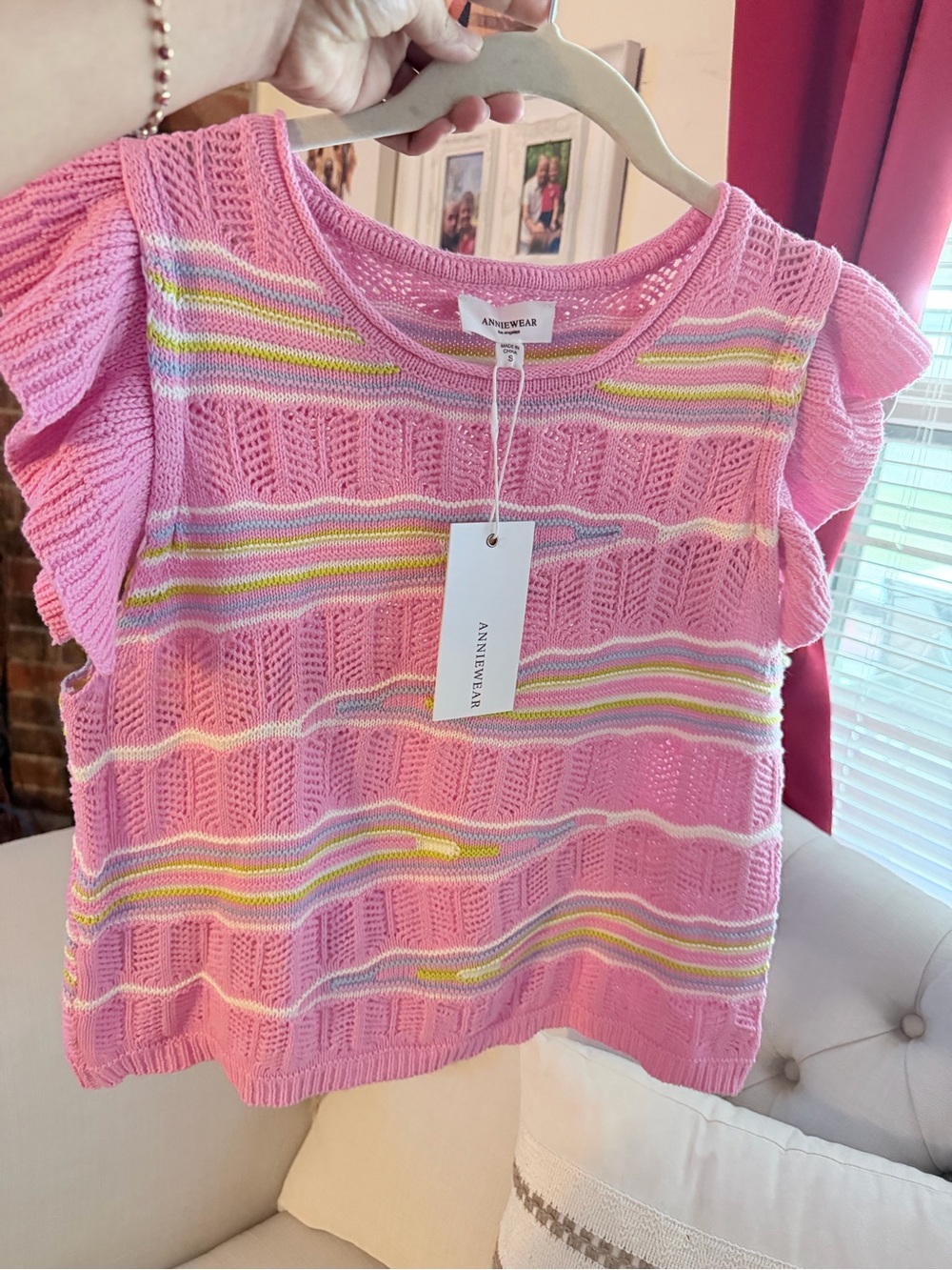Annie Pink Knit Tank with Pastel Stripe Ruffles
